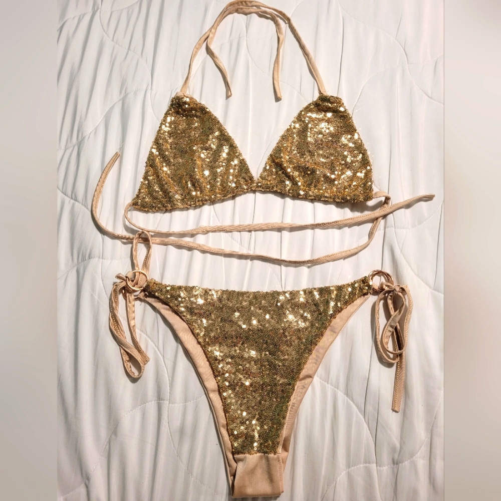 Gold sequin string-tie bikini set extra large